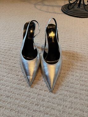 Saint Laurent Metallic Silver Pointed Slingback Pumps